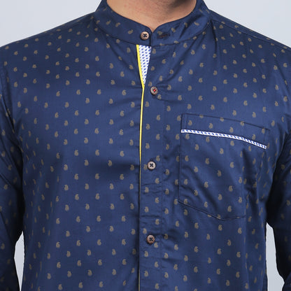 Navy blue Cotton printed band collar full sleeves shirt
