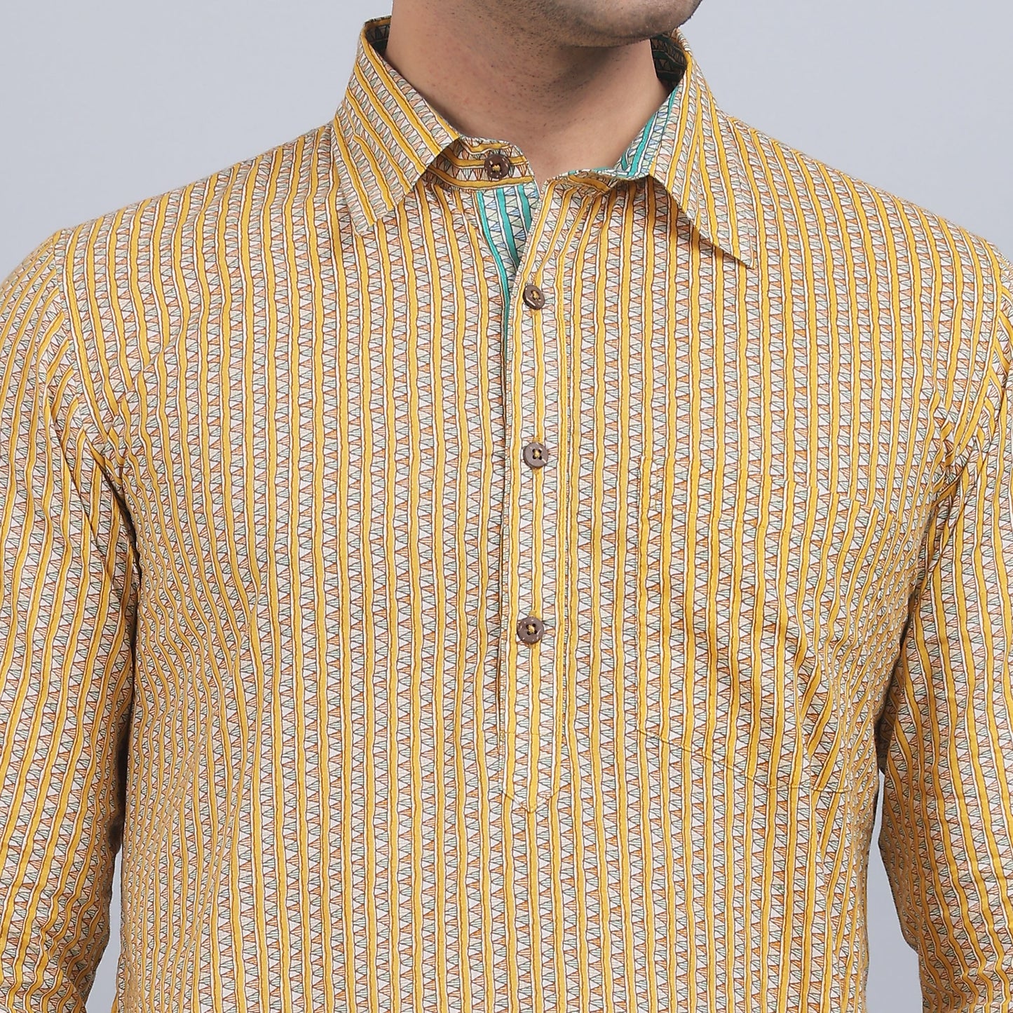 Yellow cotton full-sleeves shirt collar kurta in comfort fit