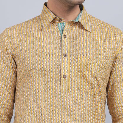 Yellow cotton full-sleeves shirt collar kurta in comfort fit