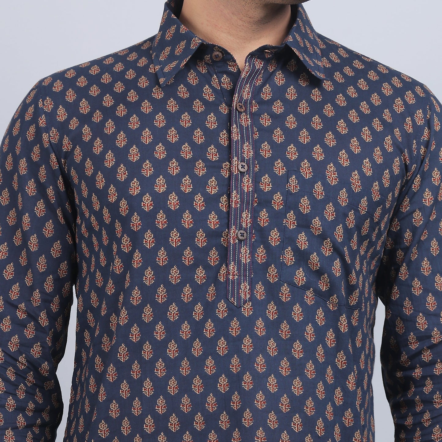 Navy Blue cotton full-sleeves shirt collar kurta in comfort fit