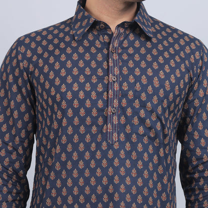 Navy Blue cotton full-sleeves shirt collar kurta in comfort fit