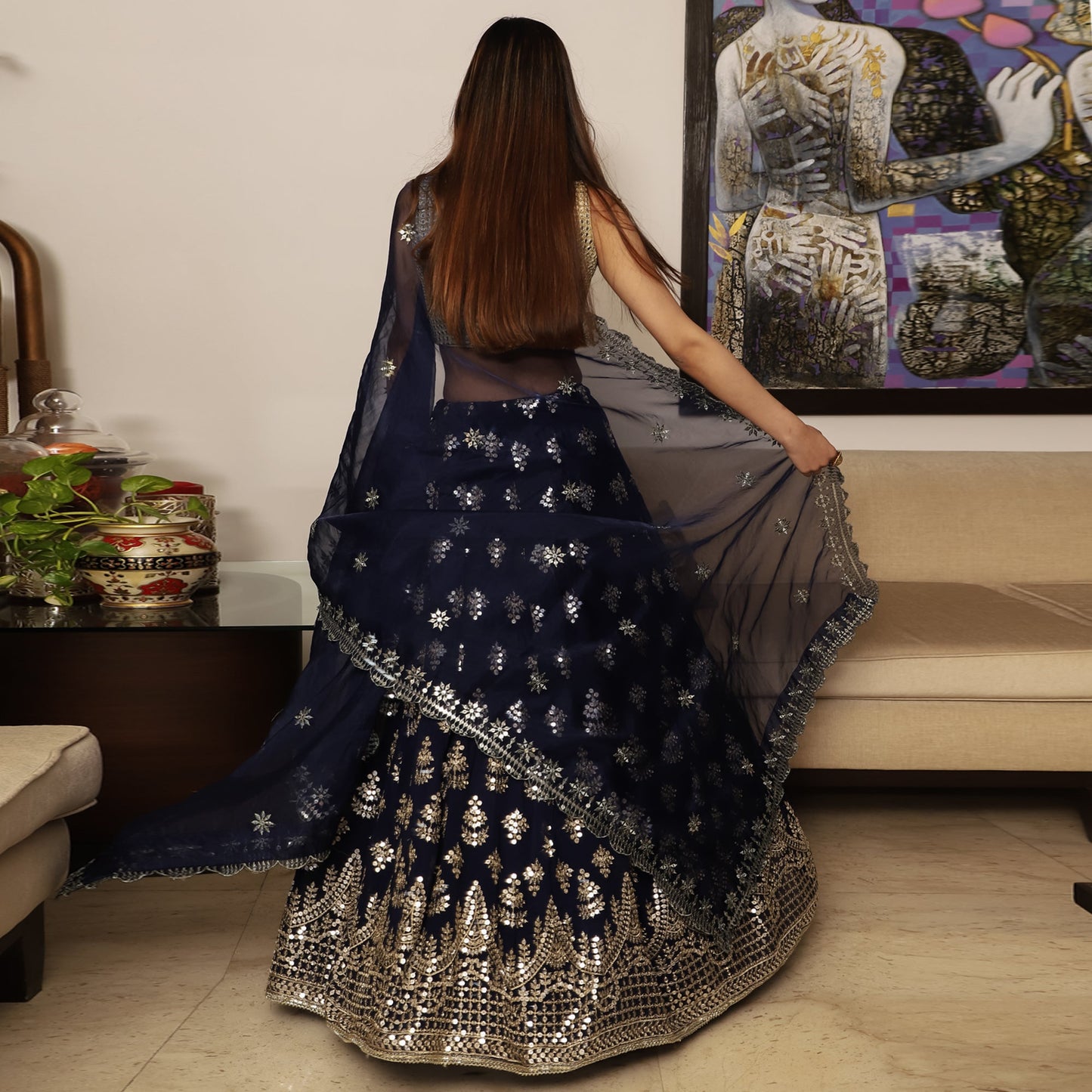 Navy blue Embroidered Lehenga Set