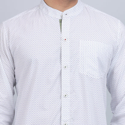 White Cotton printed band collar full sleeves shirt