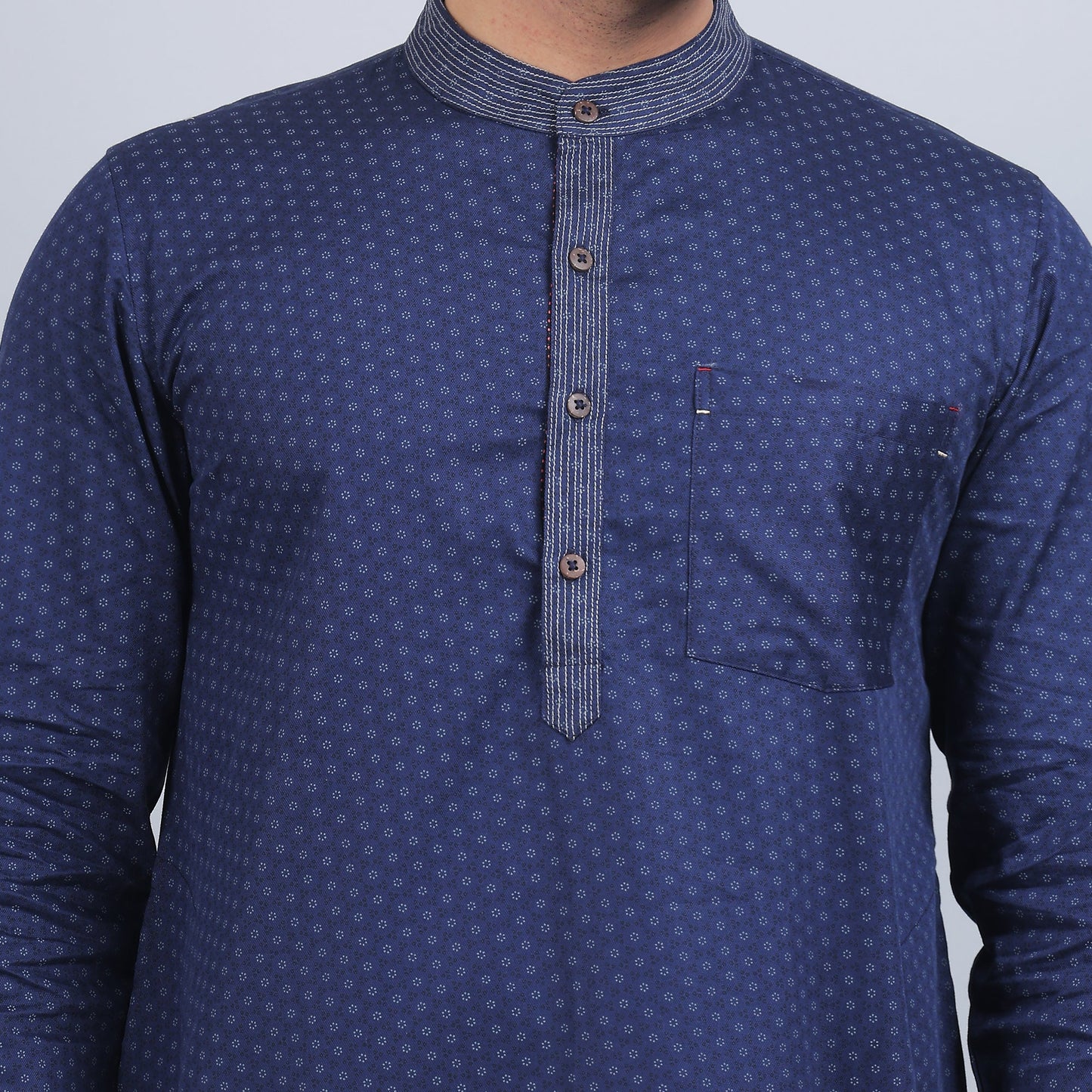 Navy Blue cotton full-sleeves  band collar kurta in comfort fit