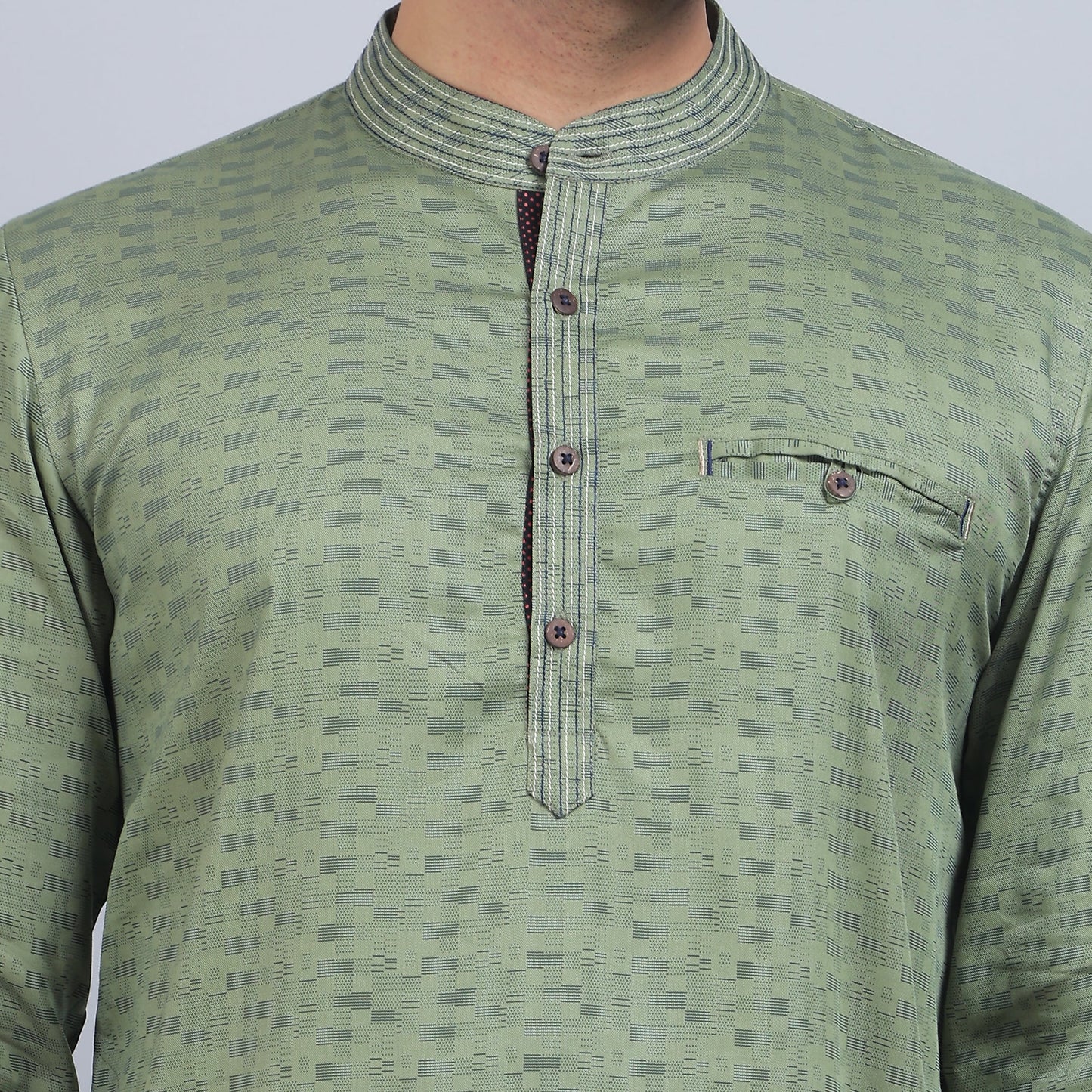 Olive green cotton full-sleeves band collar kurta in comfort fit