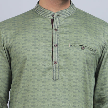 Olive green cotton full-sleeves band collar kurta in comfort fit
