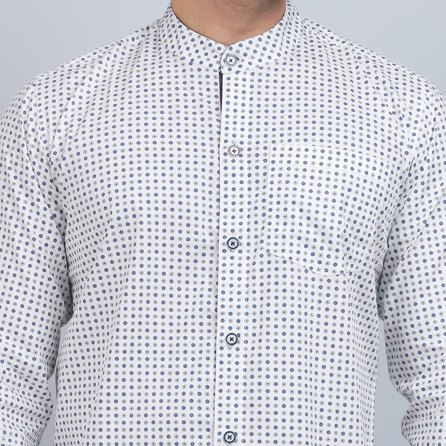 White Cotton printed band collar full sleeves shirt