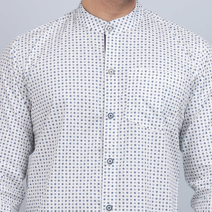 White Cotton printed band collar full sleeves shirt