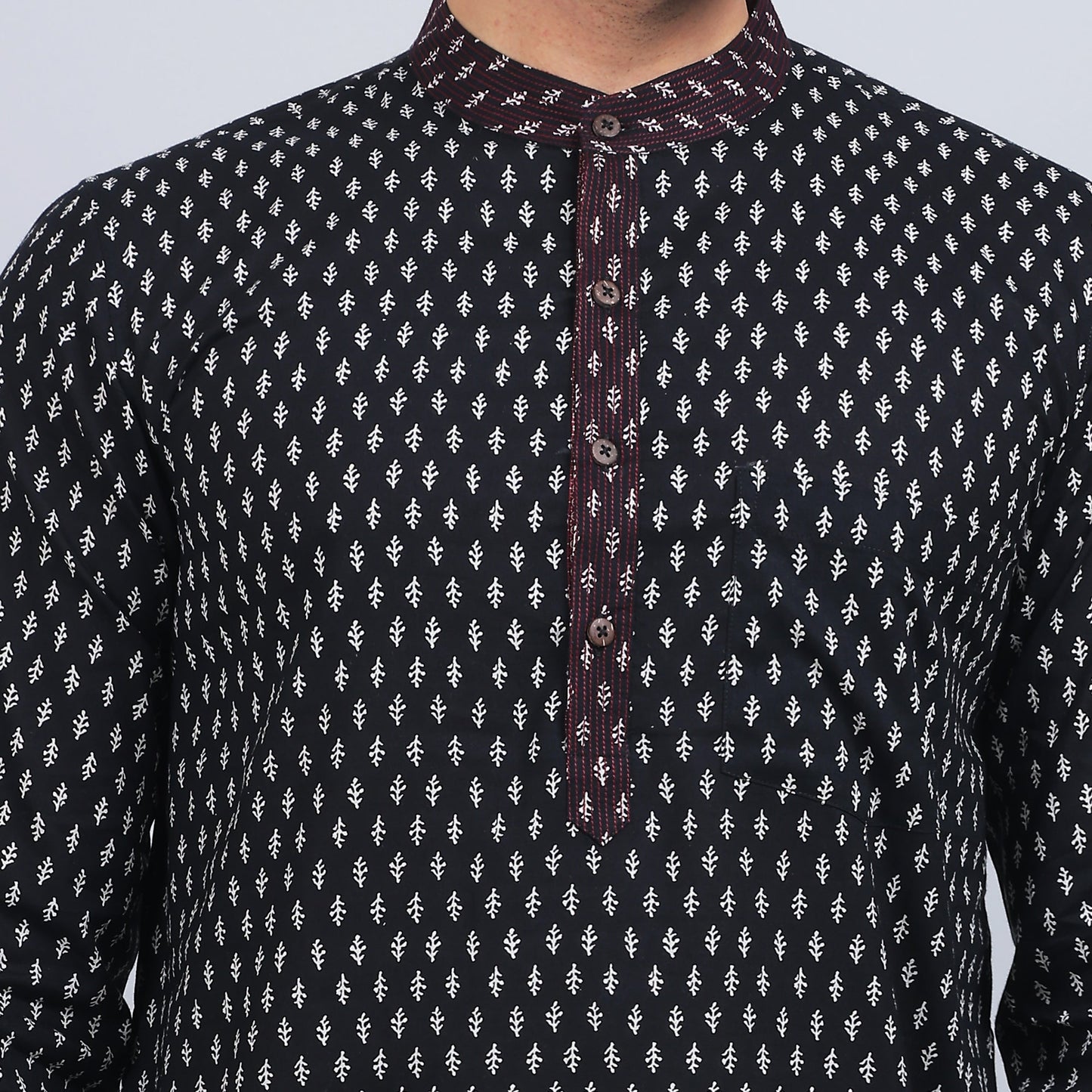 Black cotton full-sleeves band collar kurta in comfort fit