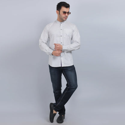 White Cotton printed band collar full sleeves shirt
