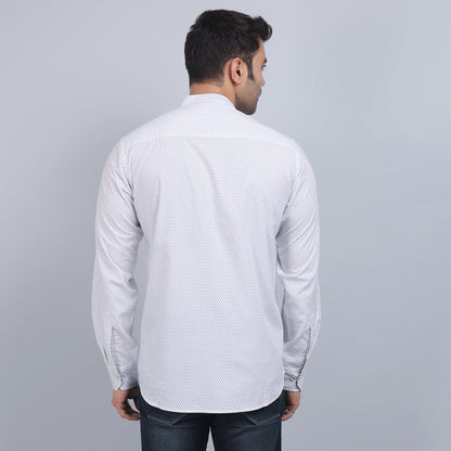 White Cotton printed band collar full sleeves shirt