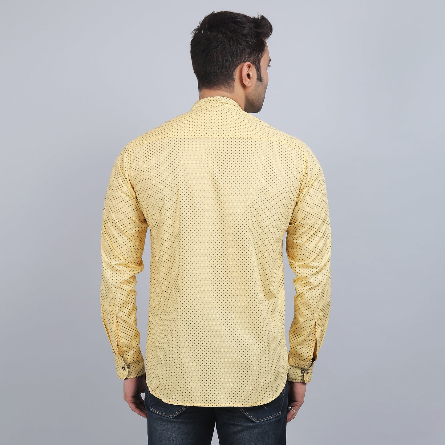 Yellow cotton printed band collar full sleeves shirt