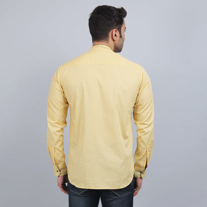 Yellow cotton printed band collar full sleeves shirt
