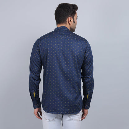 Navy blue Cotton printed band collar full sleeves shirt