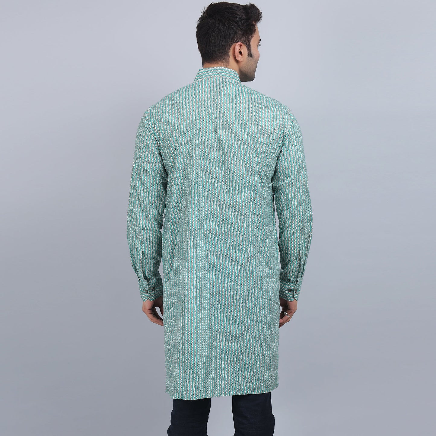 Green cotton full-sleeves shirt collar kurta in comfort fit