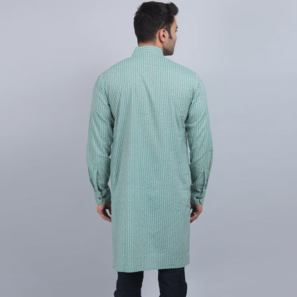 Green cotton full-sleeves shirt collar kurta in comfort fit