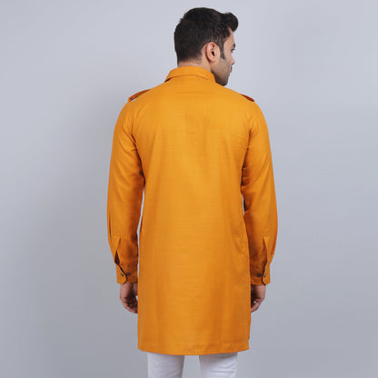 Mustard cotton pathani full-sleeves shirt collar kurta in comfort fit