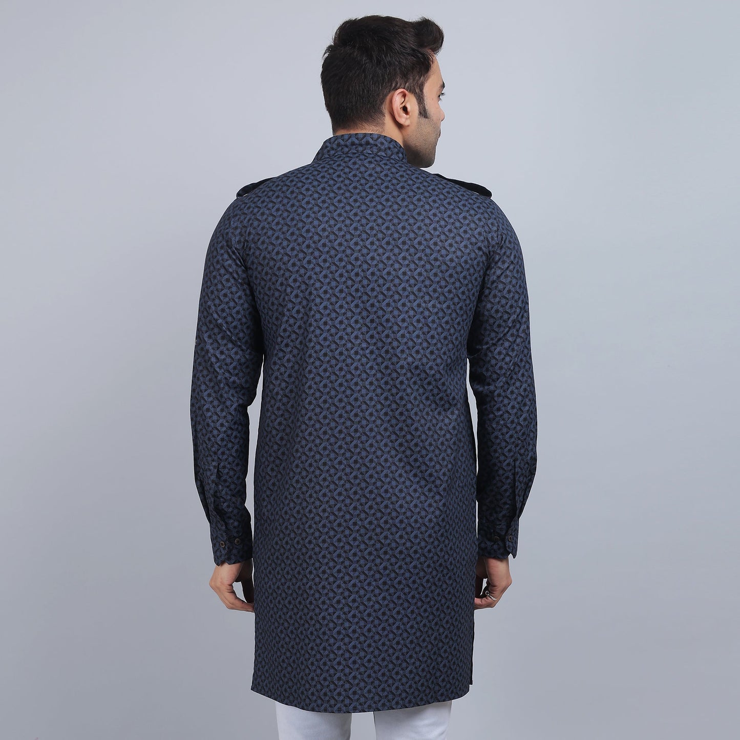 Blue grey cotton pathani full-sleeves shirt collar kurta in comfort fit