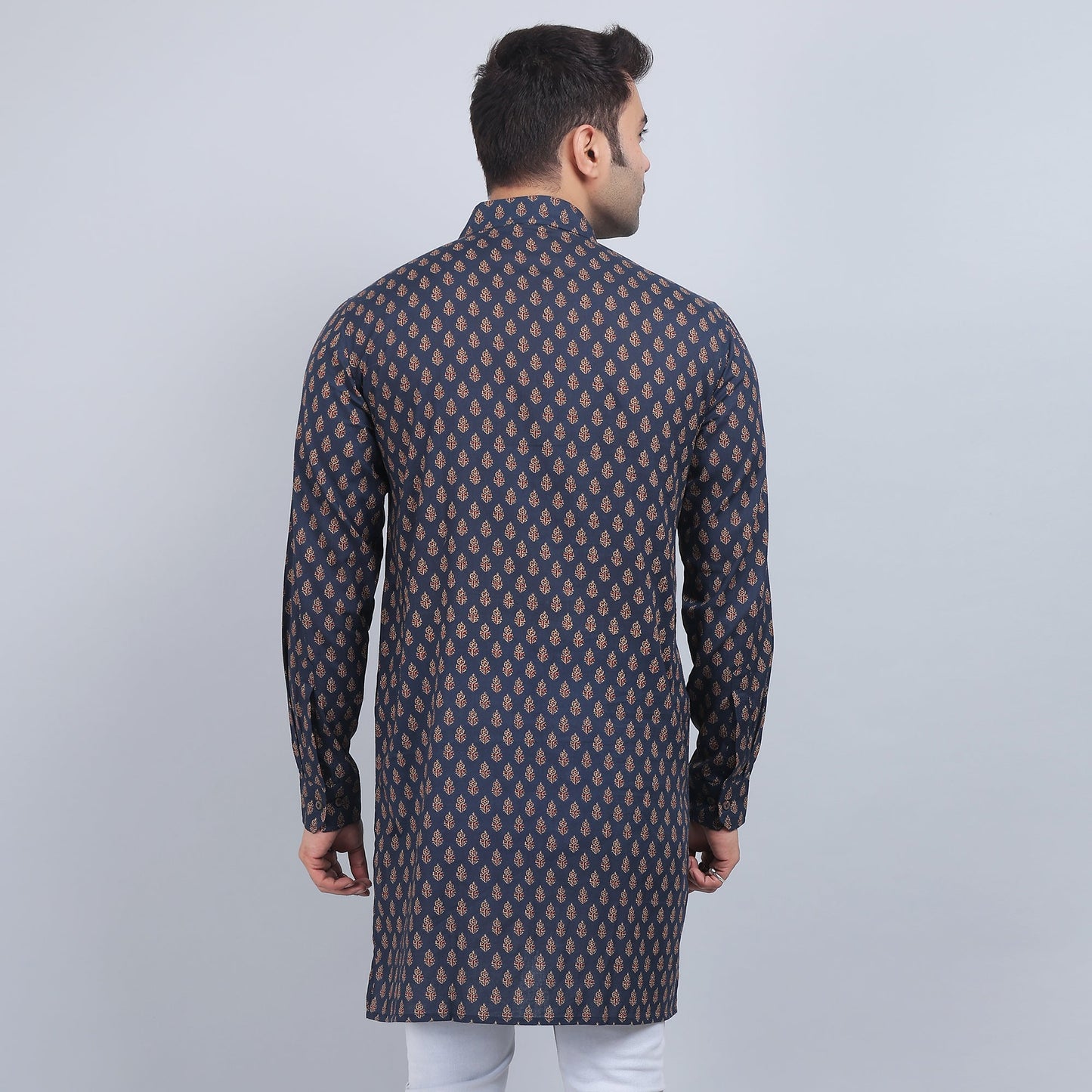 Navy Blue cotton full-sleeves shirt collar kurta in comfort fit