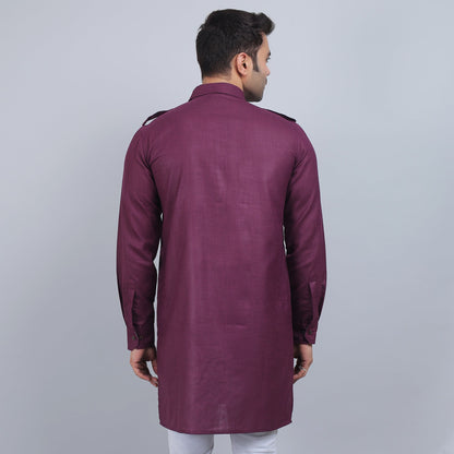 Purple cotton pathani full-sleeves shirt collar kurta in comfort fit