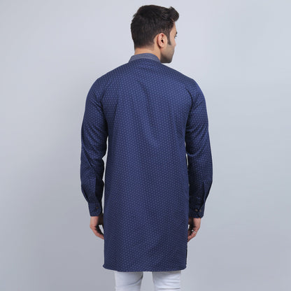 Navy Blue cotton full-sleeves  band collar kurta in comfort fit