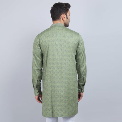 Olive green cotton full-sleeves band collar kurta in comfort fit