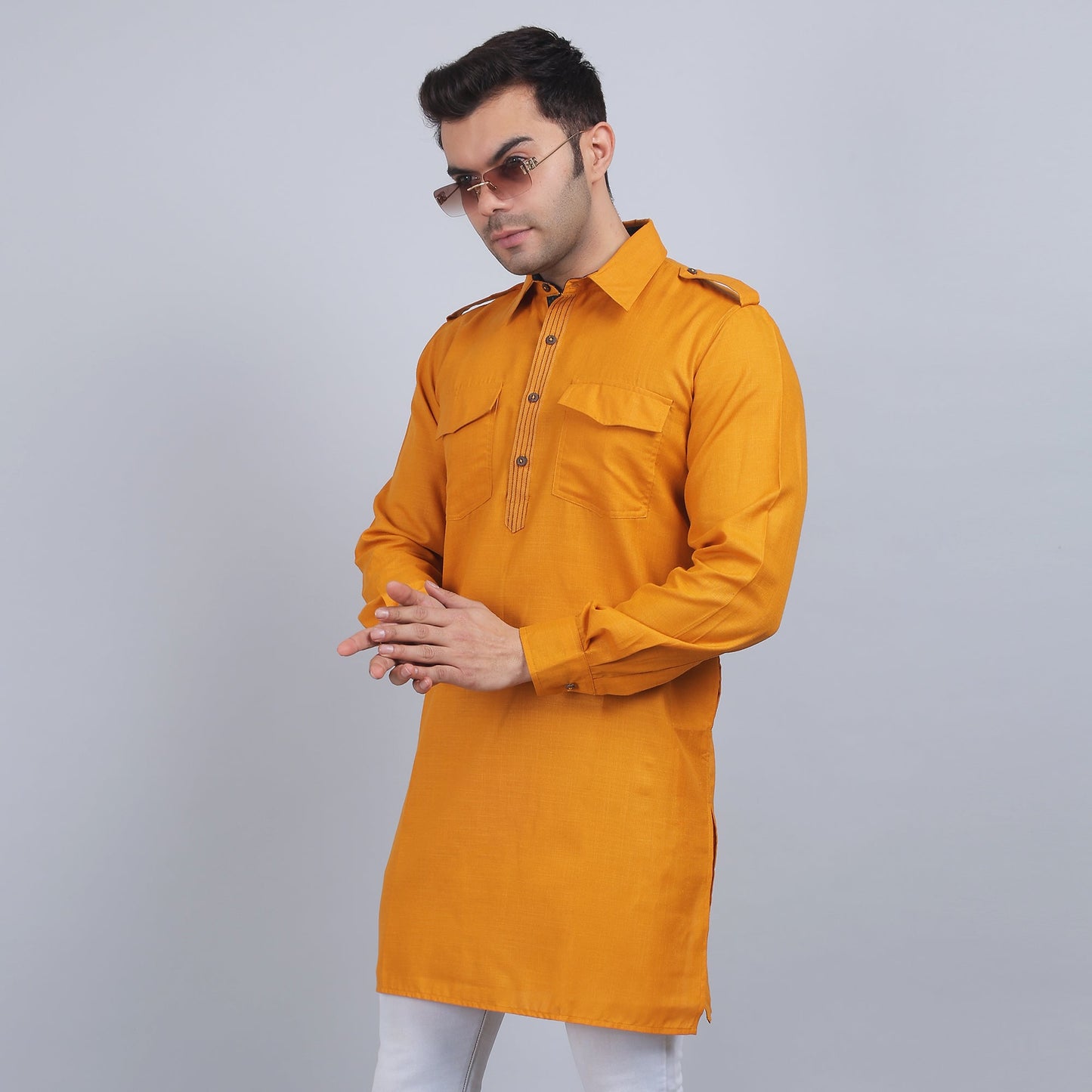 Mustard cotton pathani full-sleeves shirt collar kurta in comfort fit