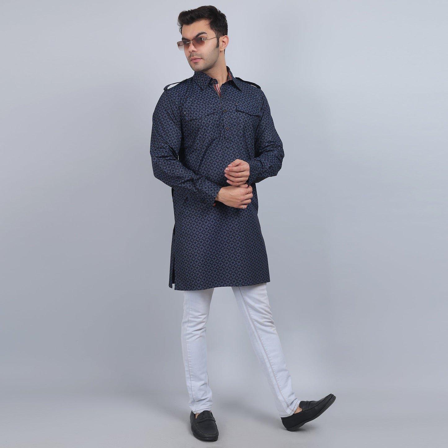 Blue grey cotton pathani full-sleeves shirt collar kurta in comfort fit