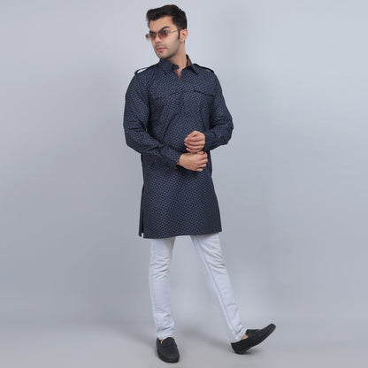 Blue grey cotton pathani full-sleeves shirt collar kurta in comfort fit