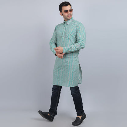 Green cotton full-sleeves shirt collar kurta in comfort fit