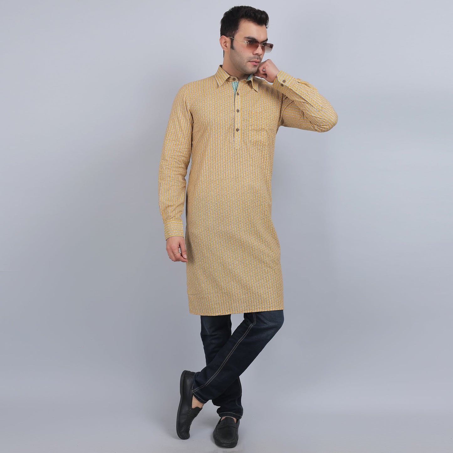 Yellow cotton full-sleeves shirt collar kurta in comfort fit