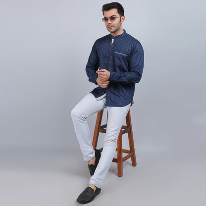 Navy blue Cotton printed band collar full sleeves shirt