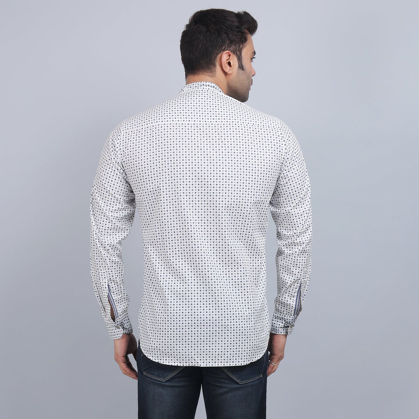 White Cotton printed band collar full sleeves shirt