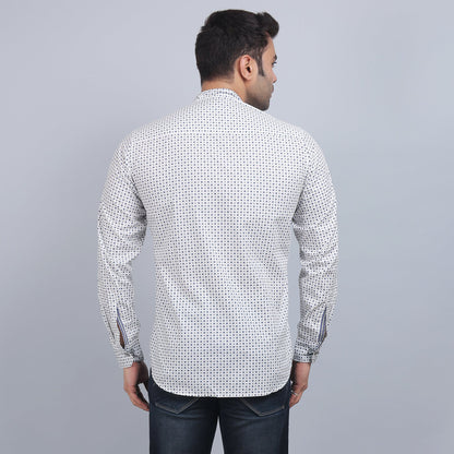 White Cotton printed band collar full sleeves shirt
