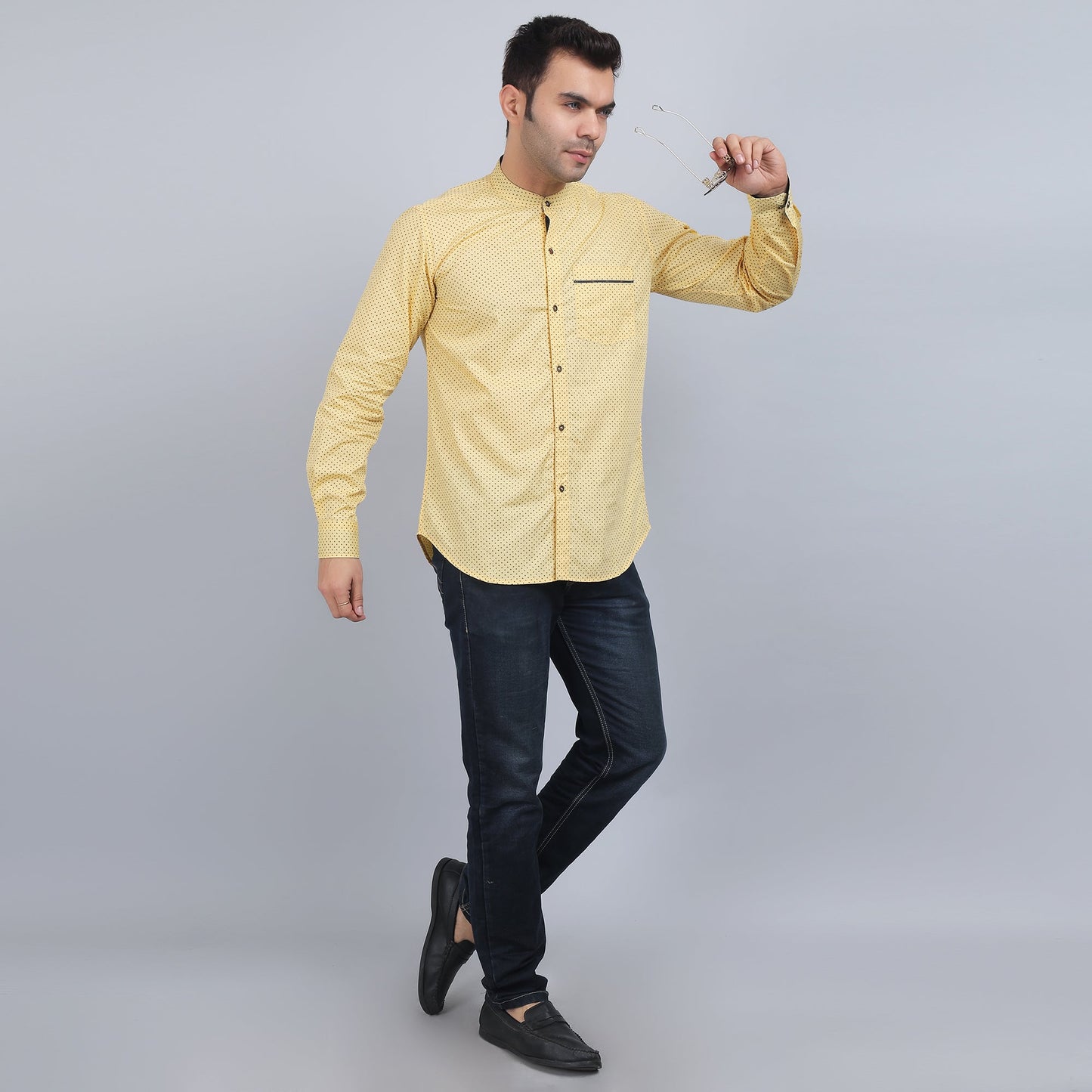 Yellow cotton printed band collar full sleeves shirt