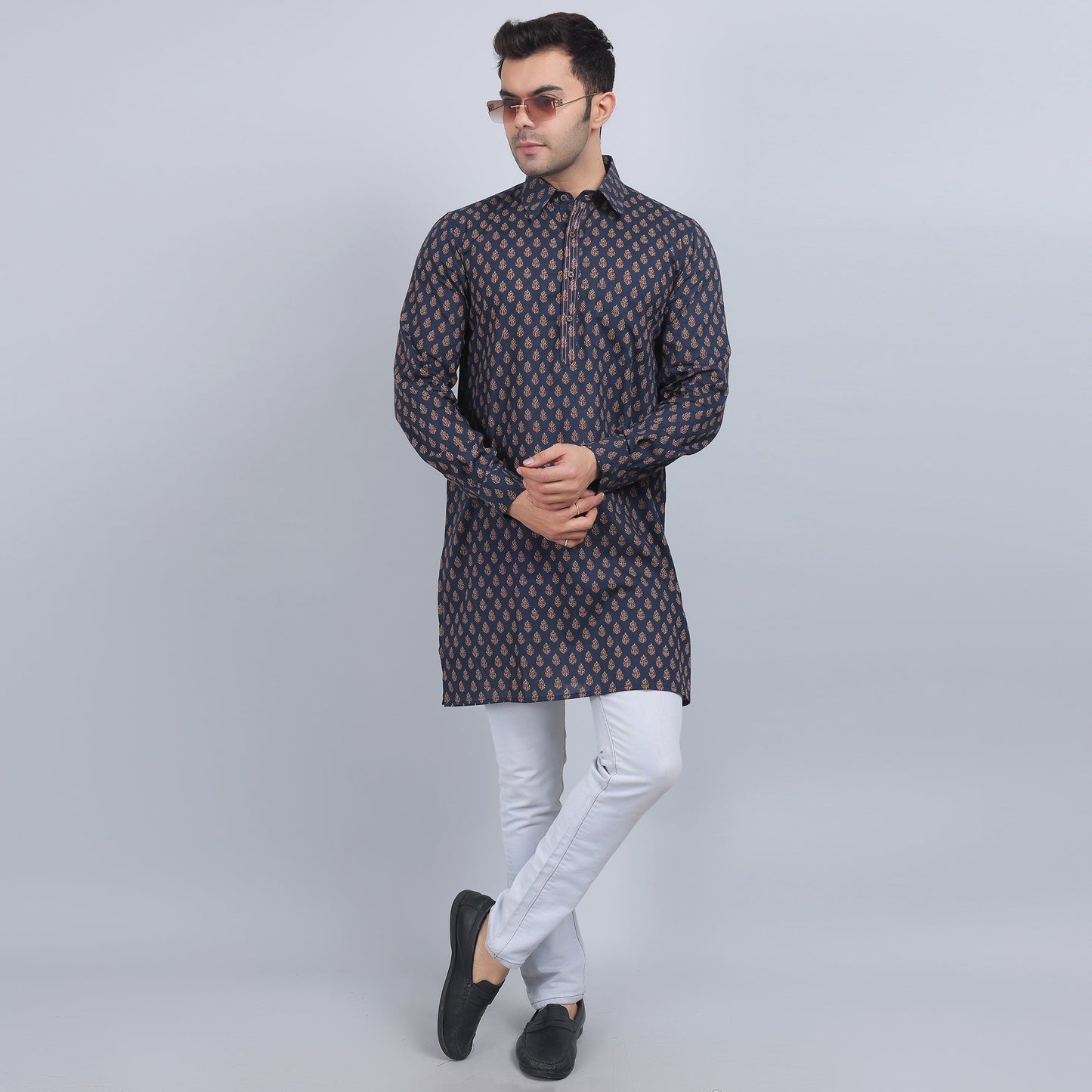 Navy Blue cotton full-sleeves shirt collar kurta in comfort fit