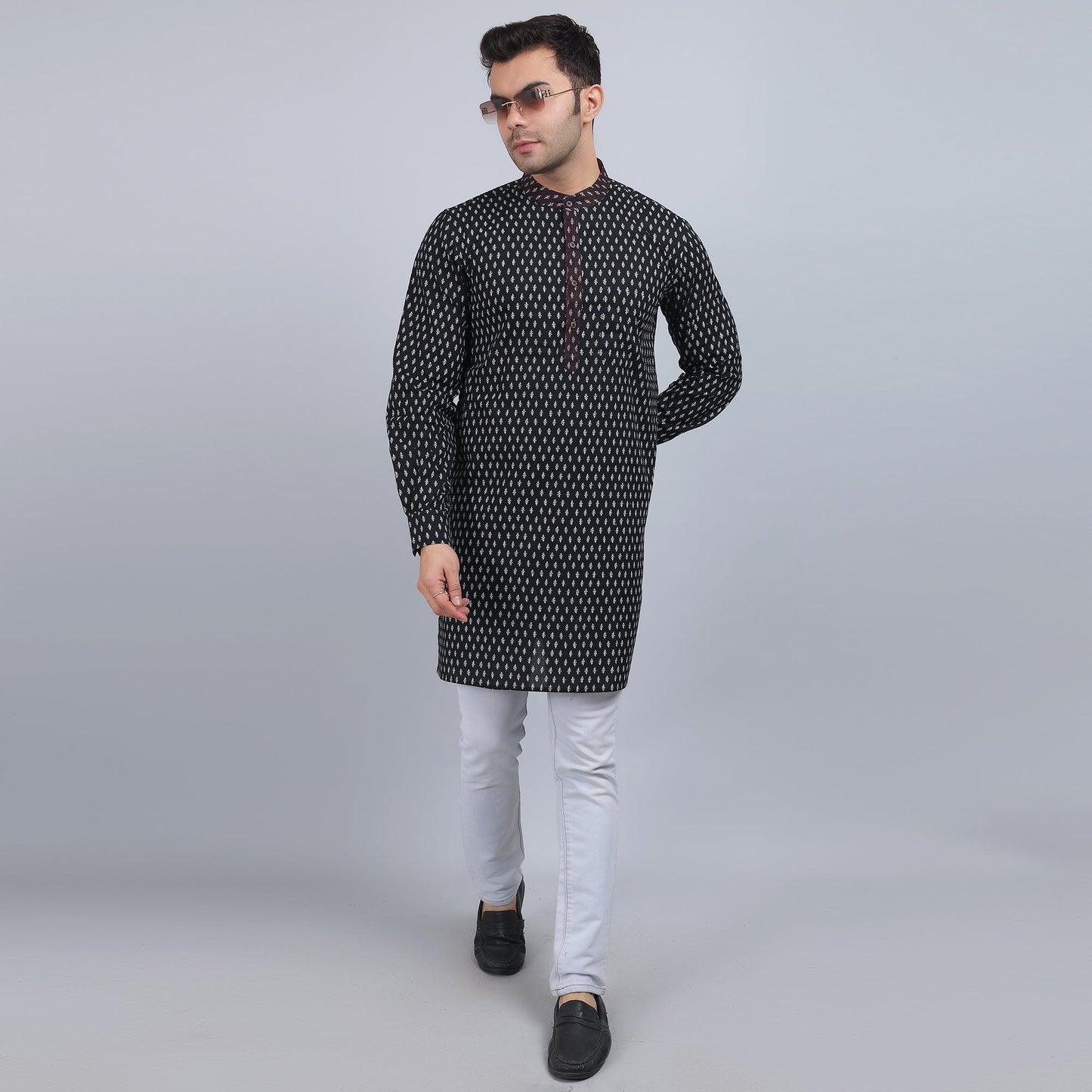 Black cotton full-sleeves band collar kurta in comfort fit