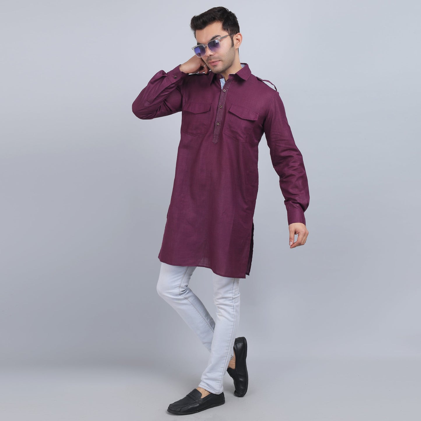 Purple cotton pathani full-sleeves shirt collar kurta in comfort fit