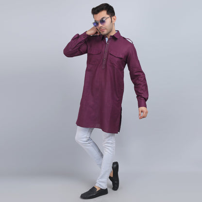Purple cotton pathani full-sleeves shirt collar kurta in comfort fit