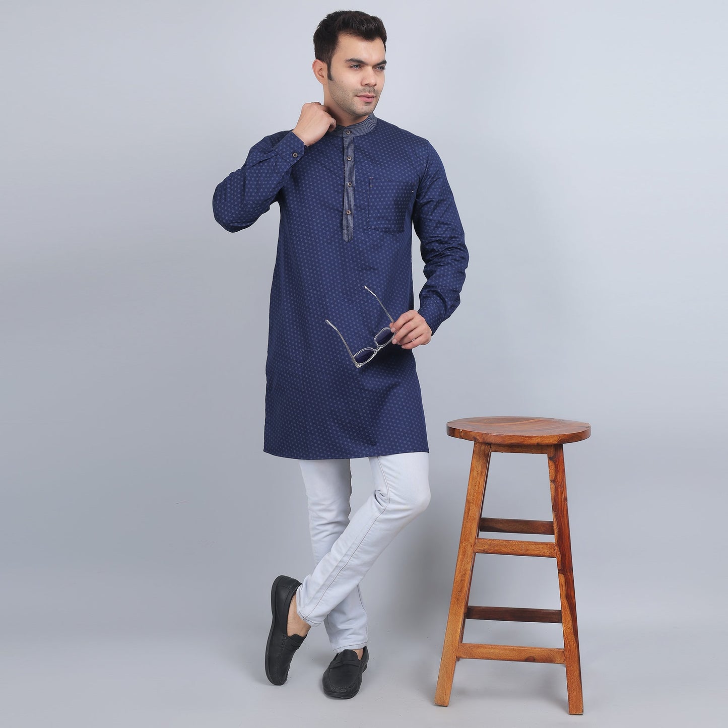Navy Blue cotton full-sleeves  band collar kurta in comfort fit