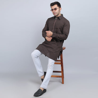 Brown full-sleeves shirt collar kurta in comfort fit