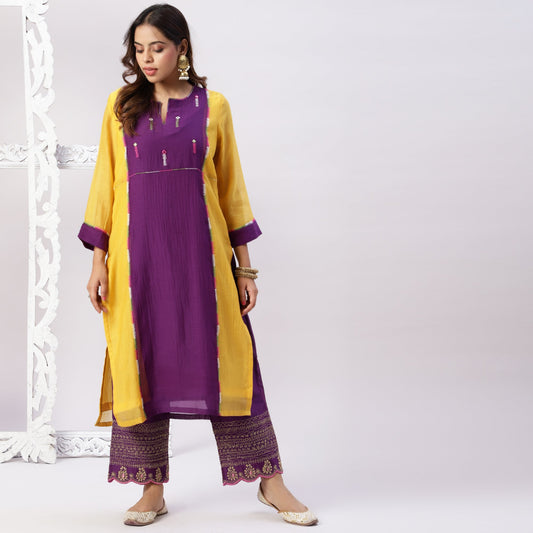 Chanderi color block kurta with embroidery