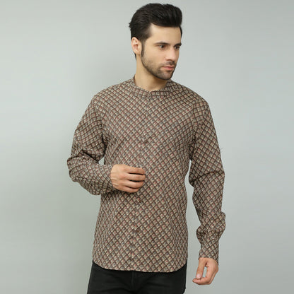 brown Cotton printed full sleeves band collar shirt