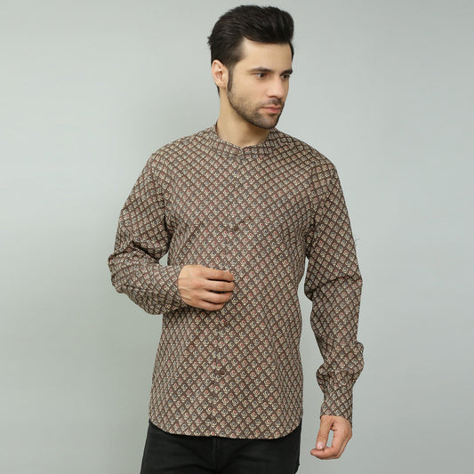 brown Cotton printed full sleeves band collar shirt