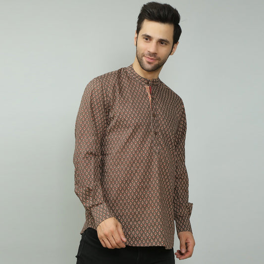 brown Cotton printed full sleeves kurta style shirt